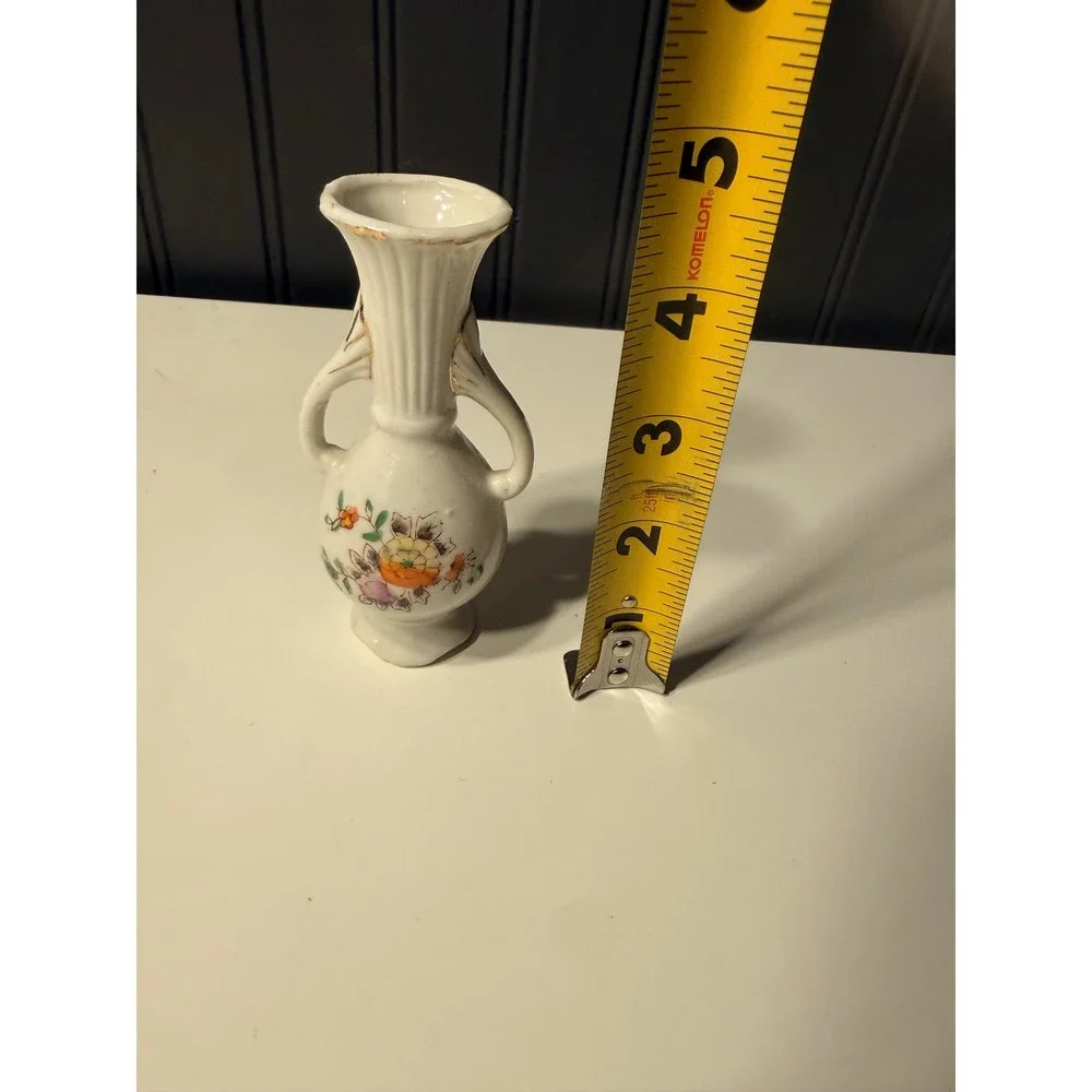 Vintage Miniature Porcelain Bud Vase Double Handle Floral Gold Trim Japan 4 Inch